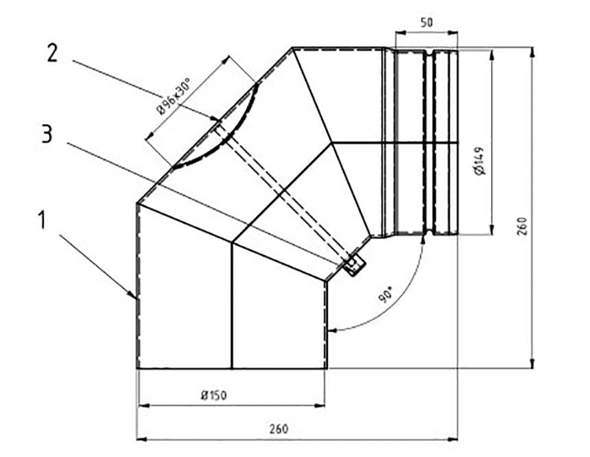Ø150mm Peisrør 90 grader m/ luke 3delt